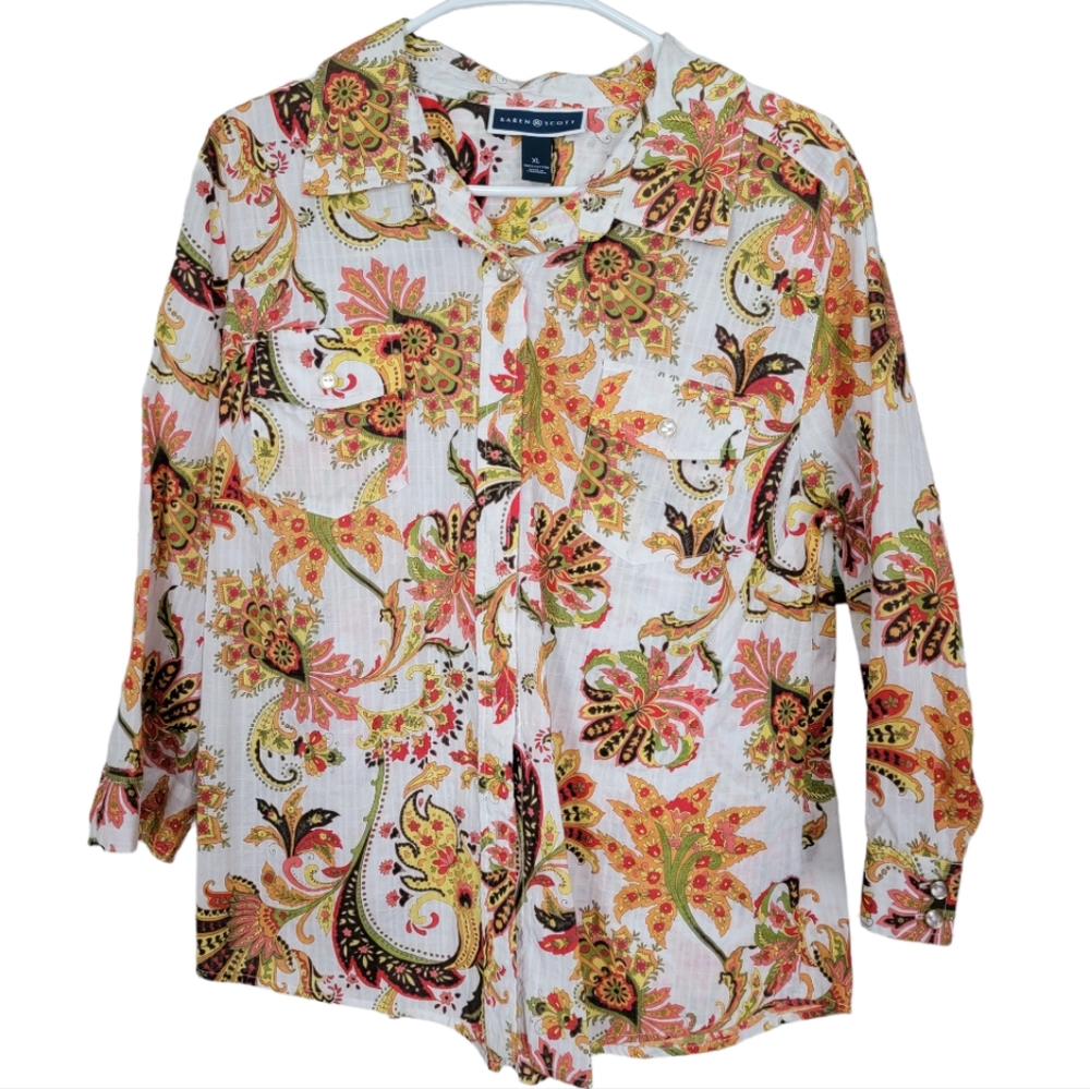 Karen Scott 90s Vintage Top Shirt Blouse Button Up Size XL